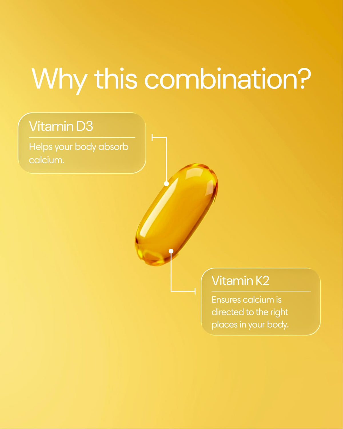 Clearly D3 + K2 capsule showing two softgel capsules with labeling for vitamin D3 and K2 supplements.