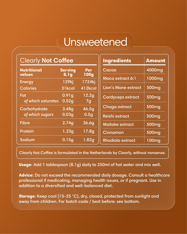 “Nutritional facts and ingredients label for Clearly Not Coffee Unsweetened, featuring cacao and functional mushroom extracts with no added sugars.”